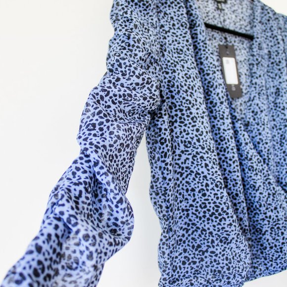 DYNAMITE leopard print ruched cropped wrap blouse - Picture 2 of 8